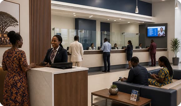 Customers being served in a modern bank branch